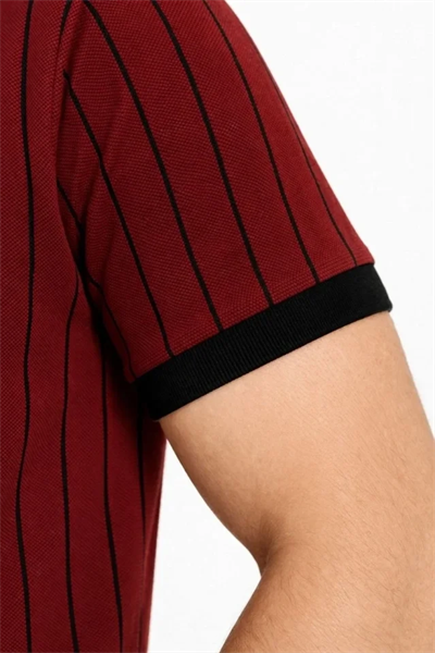 Erkek Polo Yaka Çizgili Tişört Kısa Kol Düğmeli Yazlık T-Shirt - Bordo