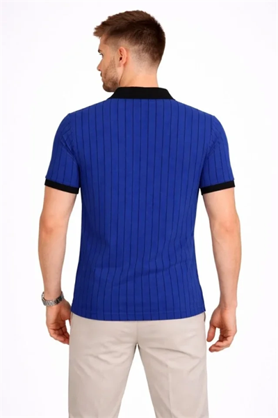 Erkek Polo Yaka Çizgili Tişört Kısa Kol Düğmeli Yazlık T-Shirt - Saks Mavisi