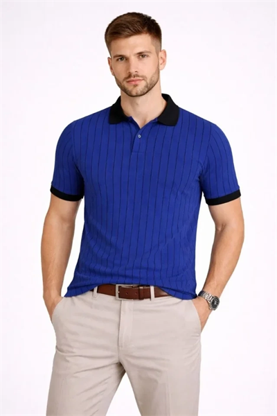 Erkek Polo Yaka Çizgili Tişört Kısa Kol Düğmeli Yazlık T-Shirt - Saks Mavisi