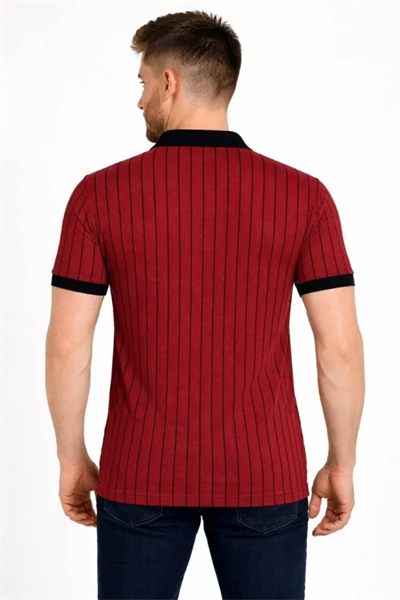 Erkek Polo Yaka Çizgili Tişört Kısa Kol Düğmeli Yazlık T-Shirt - Bordo