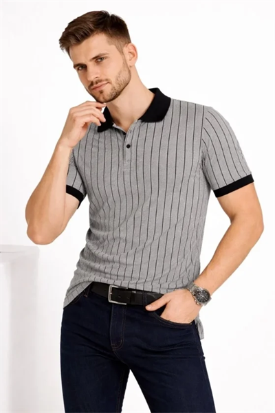 Erkek Polo Yaka Çizgili Tişört Kısa Kol Düğmeli Yazlık T-Shirt - Gri