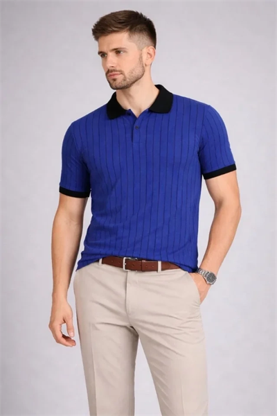 Erkek Polo Yaka Çizgili Tişört Kısa Kol Düğmeli Yazlık T-Shirt - Saks Mavisi
