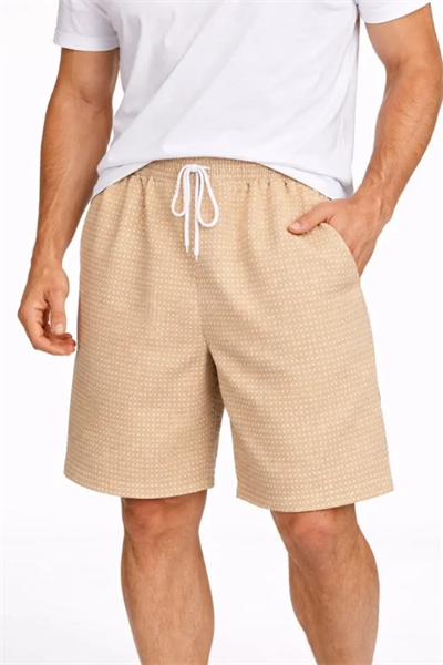 Erkek Pötikareli Şort – Beli Lastikli Bağcıklı, Cepli, Rahat Kesim Günlük Yazlık Şort - Bej