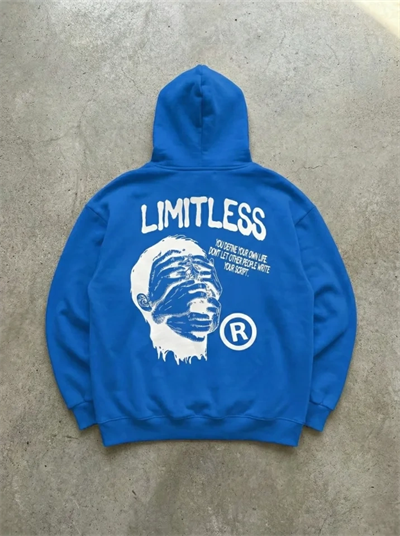 Erkek Premium Baskılı Kapşonlu Sweatshirt Üç İplik İçi Pamuklu Kanguru Cepli - Saks Mavisi