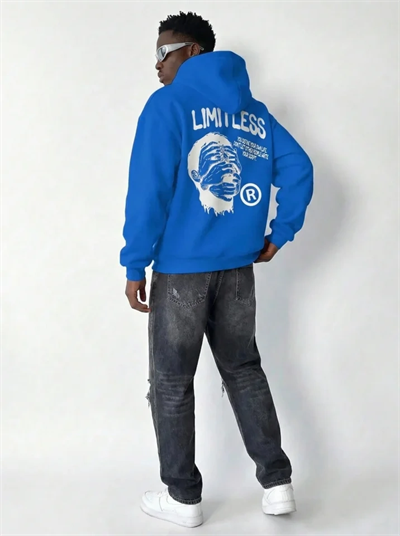 Erkek Premium Baskılı Kapşonlu Sweatshirt Üç İplik İçi Pamuklu Kanguru Cepli - Saks Mavisi