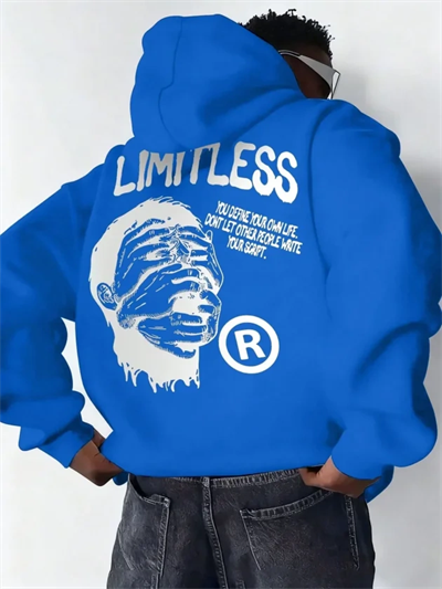 Erkek Premium Baskılı Kapşonlu Sweatshirt Üç İplik İçi Pamuklu Kanguru Cepli - Saks Mavisi