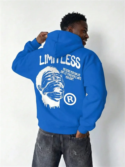 Erkek Premium Baskılı Kapşonlu Sweatshirt Üç İplik İçi Pamuklu Kanguru Cepli - Saks Mavisi