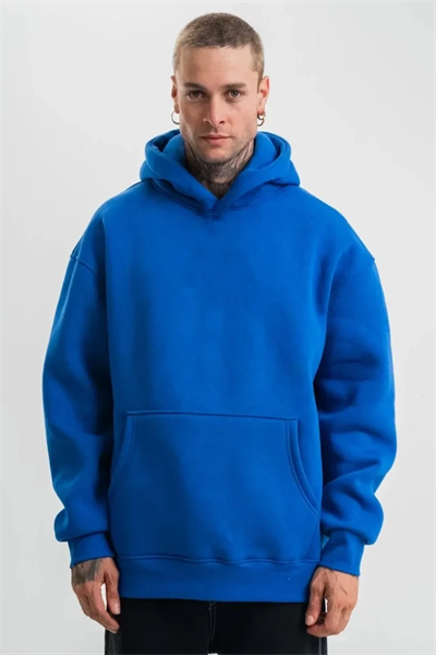 Erkek Saks Mavi Double Oversize 3 İplik Pamuklu Kapüşonlu Kanguru Cepli Sweatshirt Hoodie - Saks Mavi