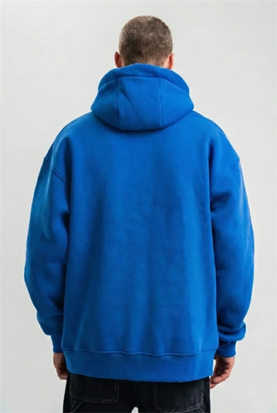 Erkek Saks Mavi Double Oversize 3 İplik Pamuklu Kapüşonlu Kanguru Cepli Sweatshirt Hoodie - Saks Mavi