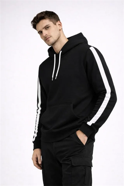 Erkek Şeritli Kapüşonlu Sweatshirt Oversize 3 Iplik Pamuklu - Siyah