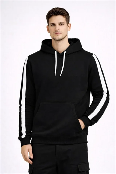 Erkek Şeritli Kapüşonlu Sweatshirt Oversize 3 Iplik Pamuklu - Siyah