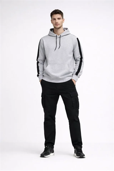 Erkek Şeritli Kapüşonlu Sweatshirt Oversize 3 Iplik Pamuklu - Beyaz