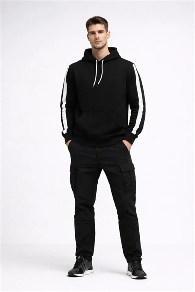 Erkek Şeritli Kapüşonlu Sweatshirt Oversize 3 Iplik Pamuklu - Siyah