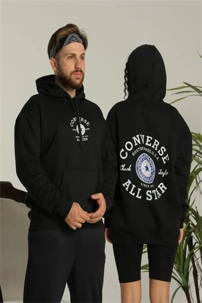 Erkek Sırt Baskılı Oversize Üç İplik Kapüşonlu Hoodie Sweatshirt - Siyah