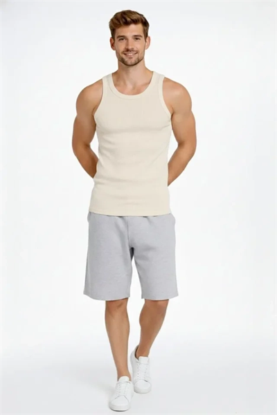 Erkek Spor Fitilli Atlet 2li Set Siyah Ve Bej Slim Fit Kaşkorse Arka Baskılı Spor Atlet