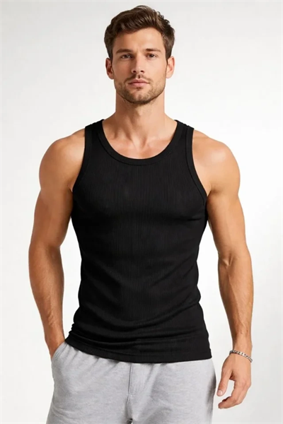 Erkek Spor Fitilli Atlet 2li Set Siyah Ve Bej Slim Fit Kaşkorse Arka Baskılı Spor Atlet