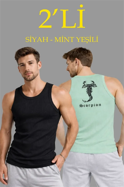 Erkek Spor Fitilli Atlet 2li Set Siyah Ve Mint Yeşili Slim Fit Kaşkorse Arka Baskılı Spor Atlet