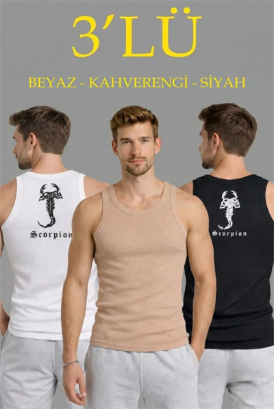 Erkek Spor Fitilli Atlet 3lü Set Beyaz, Siyah Ve Kahverengi Slim Fit Kaşkorse Arka Baskılı Spor Atlet