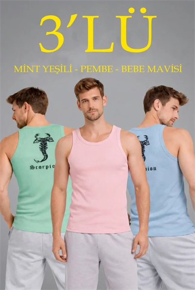 Erkek Spor Fitilli Atlet 3lü Set Mint Yeşili, Pembe Ve Bebek Mavisi Slim Fit Kaşkorse Arka Baskılı Spor Atlet