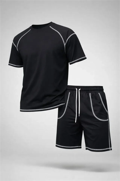 Erkek Spor Tişört Şort Takım Kontrast Dikiş Detaylı Ovarsize Rahat Kalıp - Siyah