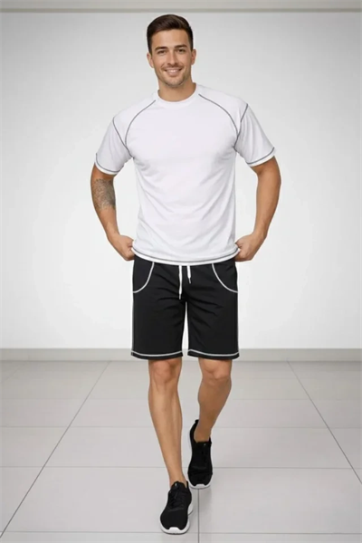 Erkek Spor Tişört Şort Takım Kontrast Dikiş Detaylı Ovarsize Rahat Kalıp - Beyaz