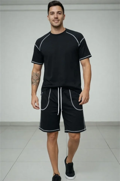 Erkek Spor Tişört Şort Takım Kontrast Dikiş Detaylı Ovarsize Rahat Kalıp - Siyah