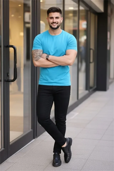 Erkek T-Shirt Bisiklet Yaka Slim Fit Dar Kesim Likralı Tişört Günlük Basic Body - Açık Mavi