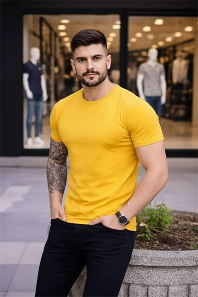 Erkek T-Shirt Bisiklet Yaka Slim Fit Dar Kesim Likralı Tişört Günlük Basic Body - Sarı