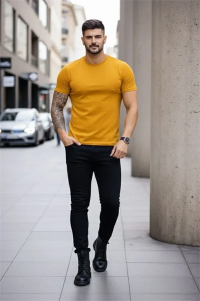 Erkek T-Shirt Bisiklet Yaka Slim Fit Dar Kesim Likralı Tişört Günlük Basic Body - Limon