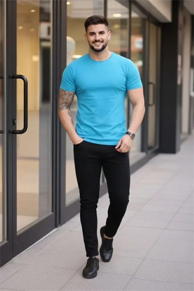 Erkek T-Shirt Bisiklet Yaka Slim Fit Dar Kesim Likralı Tişört Günlük Basic Body - Açık Mavi