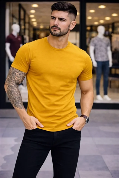 Erkek T-Shirt Bisiklet Yaka Slim Fit Dar Kesim Likralı Tişört Günlük Basic Body - Limon