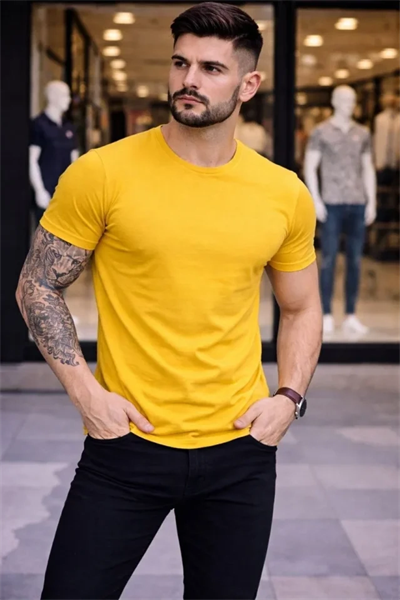 Erkek T-Shirt Bisiklet Yaka Slim Fit Dar Kesim Likralı Tişört Günlük Basic Body - Sarı