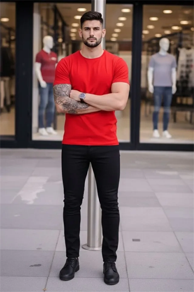 Erkek T-Shirt Bisiklet Yaka Slim Fit Dar Kesim Likralı Tişört Günlük Basic Body - Kırmızı