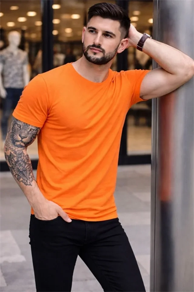 Erkek T-Shirt Bisiklet Yaka Slim Fit Dar Kesim Likralı Tişört Günlük Basic Body - Turuncu
