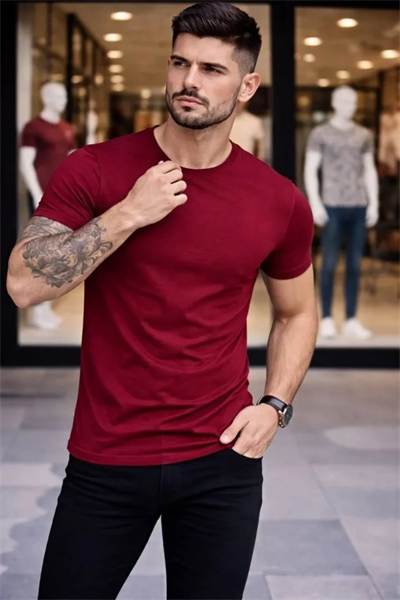 Erkek T-Shirt Bisiklet Yaka Slim Fit Dar Kesim Likralı Tişört Günlük Basic Body - Bordo