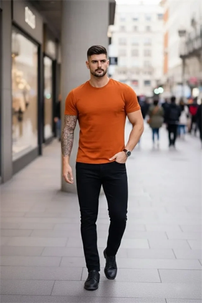 Erkek T-Shirt Bisiklet Yaka Slim Fit Dar Kesim Likralı Tişört Günlük Basic Body - Koyu Turuncu