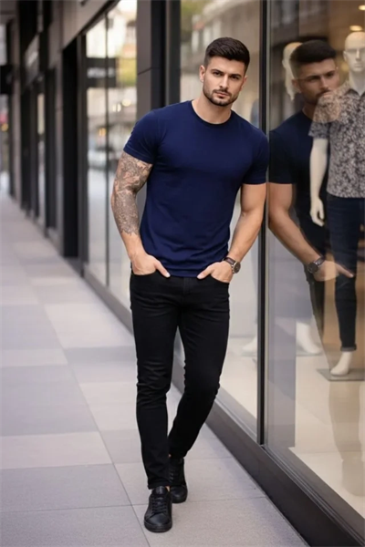 Erkek T-Shirt Bisiklet Yaka Slim Fit Dar Kesim Likralı Tişört Günlük Basic Body - Lacivert