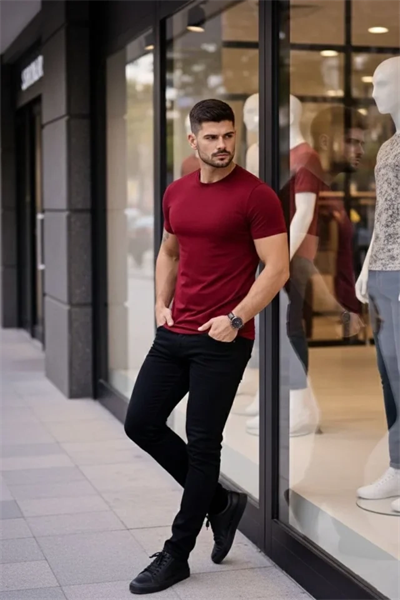 Erkek T-Shirt Bisiklet Yaka Slim Fit Dar Kesim Likralı Tişört Günlük Basic Body - Bordo