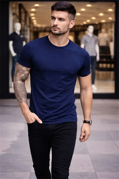 Erkek T-Shirt Bisiklet Yaka Slim Fit Dar Kesim Likralı Tişört Günlük Basic Body - Lacivert