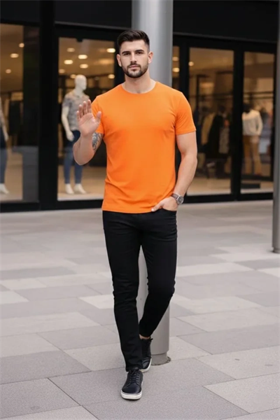 Erkek T-Shirt Bisiklet Yaka Slim Fit Dar Kesim Likralı Tişört Günlük Basic Body - Turuncu