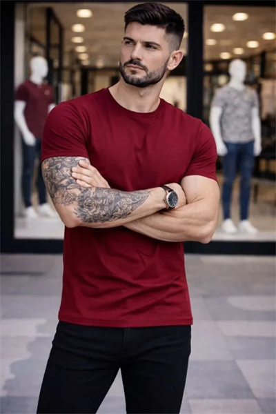 Erkek T-Shirt Bisiklet Yaka Slim Fit Dar Kesim Likralı Tişört Günlük Basic Body - Bordo