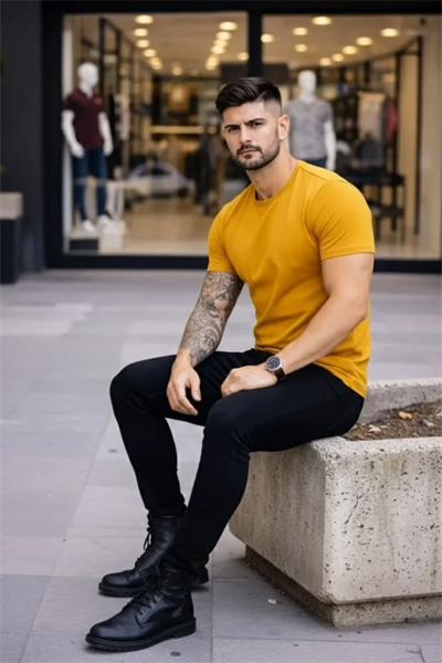 Erkek T-Shirt Bisiklet Yaka Slim Fit Dar Kesim Likralı Tişört Günlük Basic Body - Limon
