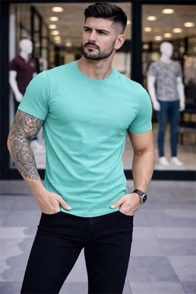 Erkek T-Shirt Bisiklet Yaka Slim Fit Dar Kesim Likralı Tişört Günlük Basic Body - Turkuvaz