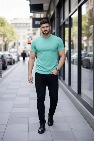 Erkek T-Shirt Bisiklet Yaka Slim Fit Dar Kesim Likralı Tişört Günlük Basic Body - Turkuvaz