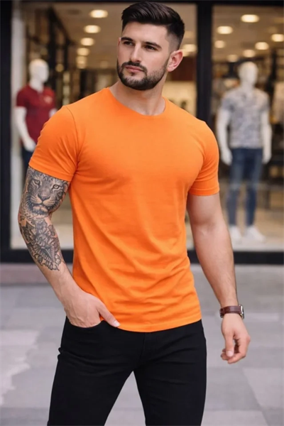 Erkek T-Shirt Bisiklet Yaka Slim Fit Dar Kesim Likralı Tişört Günlük Basic Body - Turuncu