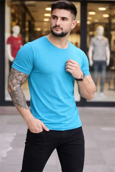 Erkek T-Shirt Bisiklet Yaka Slim Fit Dar Kesim Likralı Tişört Günlük Basic Body - Açık Mavi