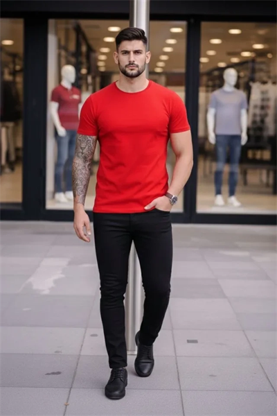 Erkek T-Shirt Bisiklet Yaka Slim Fit Dar Kesim Likralı Tişört Günlük Basic Body - Kırmızı