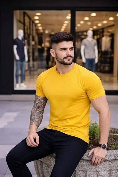 Erkek T-Shirt Bisiklet Yaka Slim Fit Dar Kesim Likralı Tişört Günlük Basic Body - Sarı