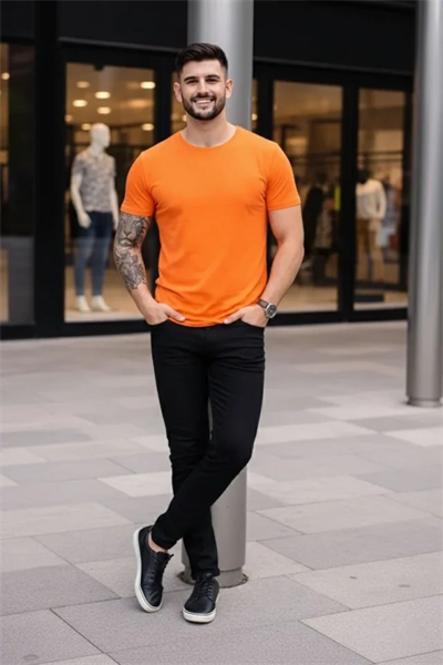 Erkek T-Shirt Bisiklet Yaka Slim Fit Dar Kesim Likralı Tişört Günlük Basic Body - Turuncu