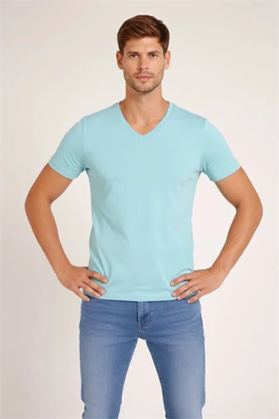 Erkek T-Shirt V Yaka Slim Fit Dar Kesim Likralı Tişört Günlük Basic Body - Turkuvaz